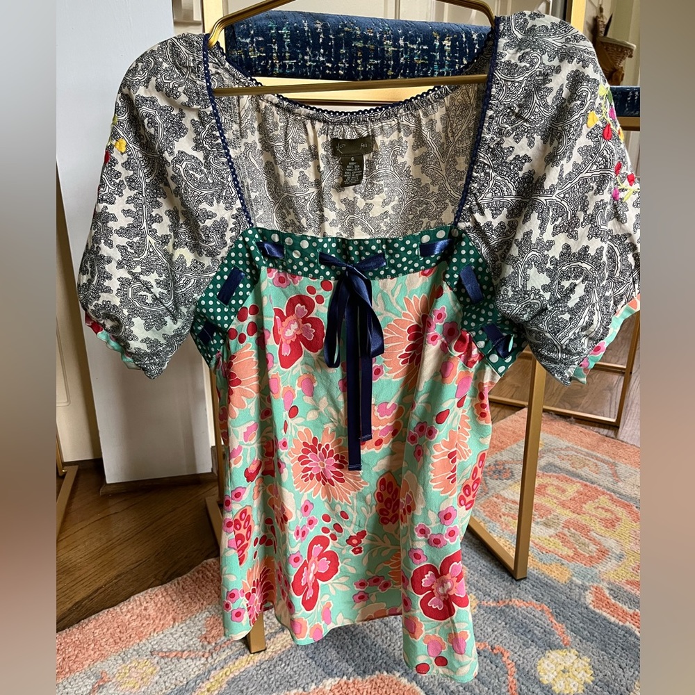 Anthropologie/fei mixed fabrics & ribbons blouse.